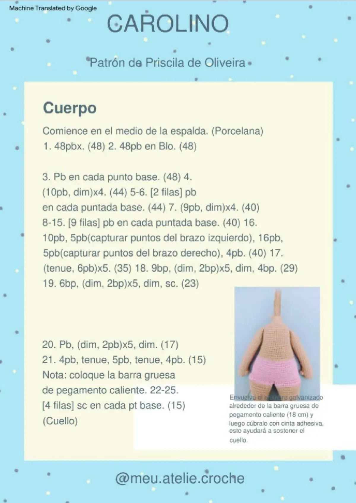 Patrón detallado para crear una muñeca de crochet con vestido azul y cabello naranja