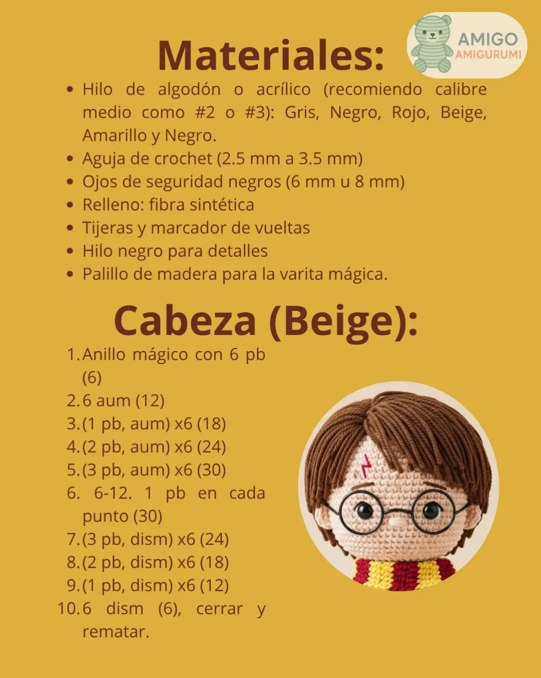 Patrón detallado para tejer amigurumi de Harry Potter con tutorial paso a paso