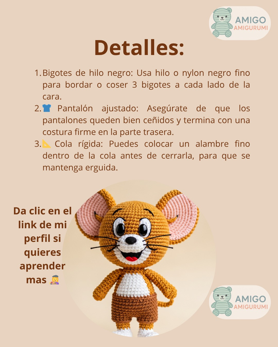 Patrón detallado para tejer amigurumi del ratón Jerry
