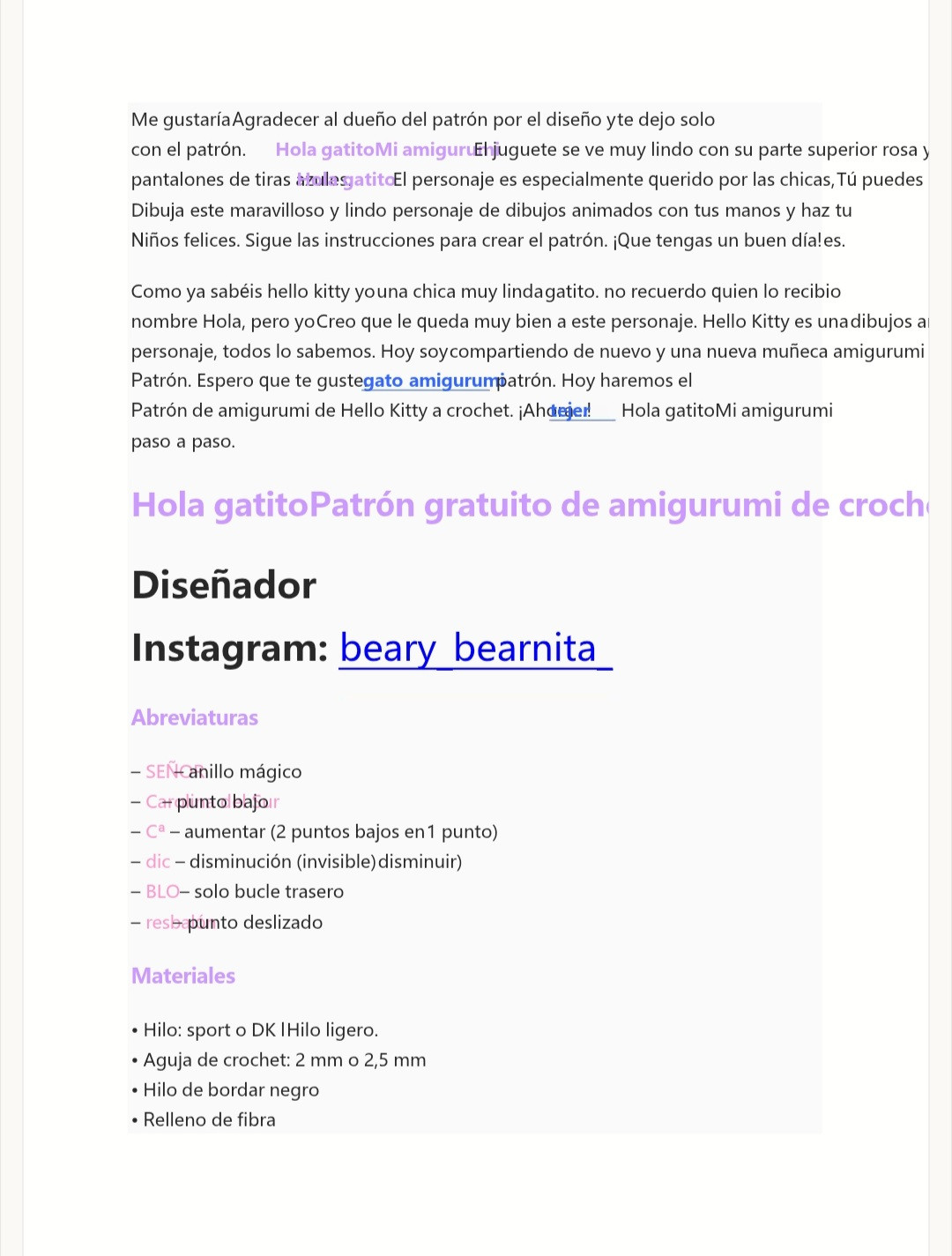 Patrón detallado para tejer muñeco de Hello Kitty a crochet