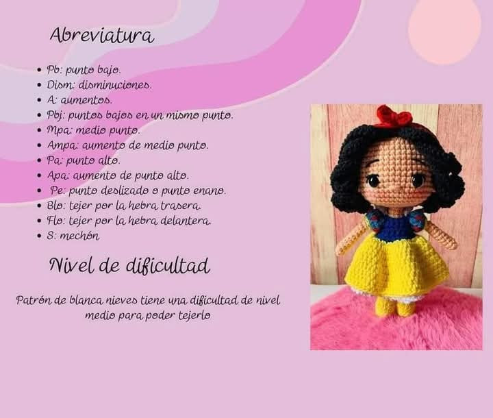 "Patrón gratis para muñeca de crochet de Blancanieves"