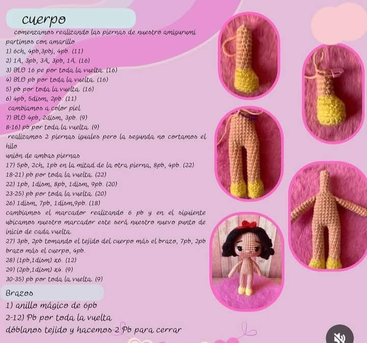 "Patrón gratis para muñeca de crochet de Blancanieves"