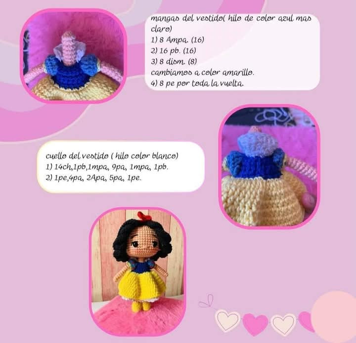 "Patrón gratis para muñeca de crochet de Blancanieves"
