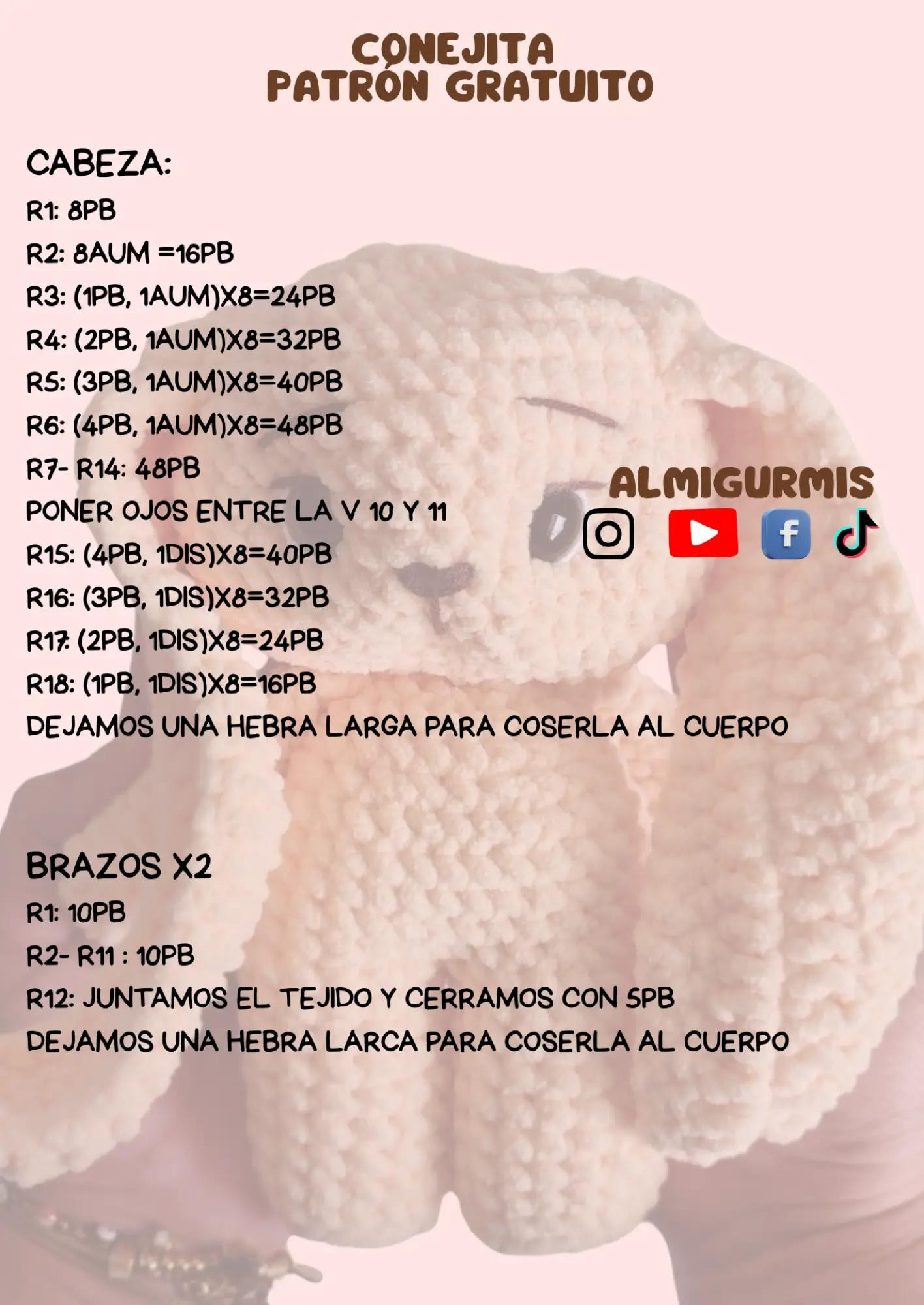 Patrón Gratis para Tejer Conejita Amigurumi de Peluche Suave