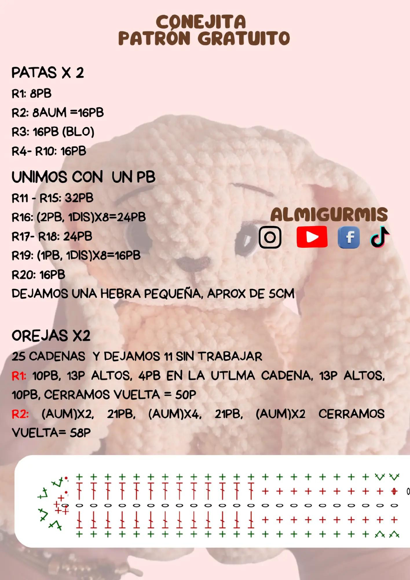 Patrón Gratis para Tejer Conejita Amigurumi de Peluche Suave