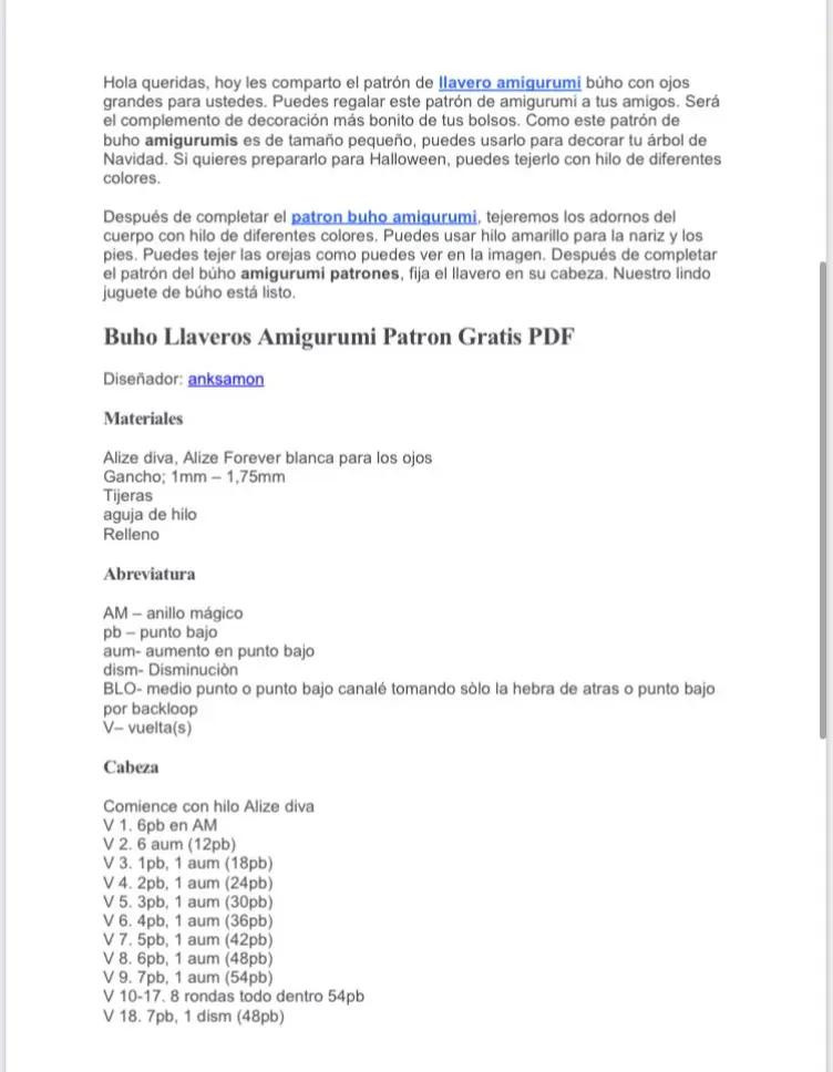 Patrón gratuito de amigurumi búho en formato PDF