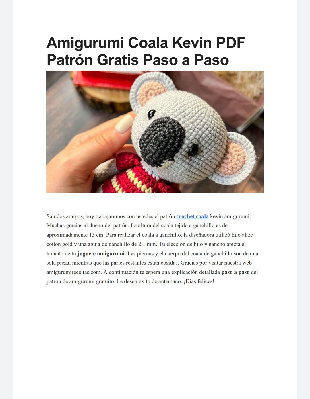 Patrón gratuito en PDF para tejer un adorable koala a crochet.