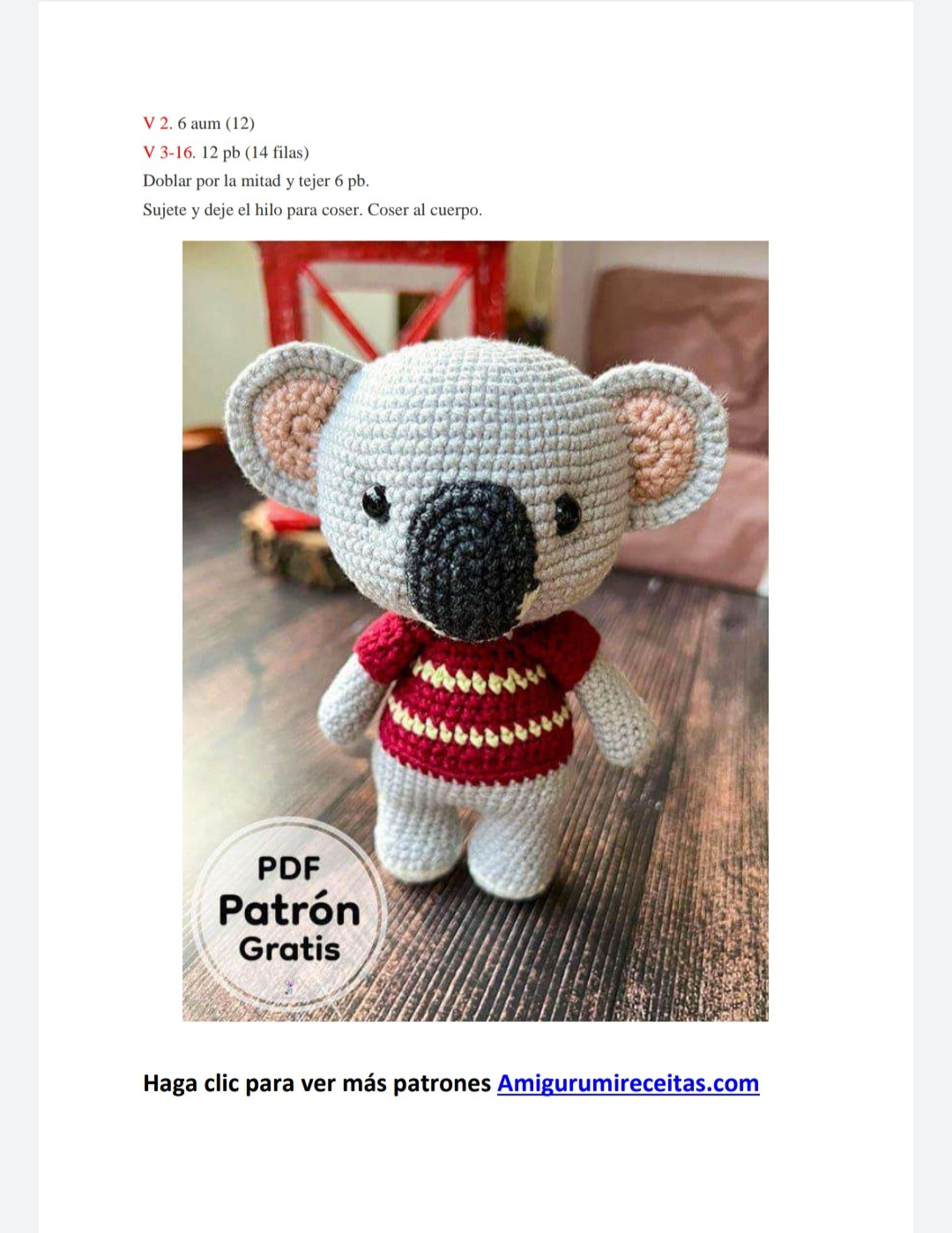 Patrón gratuito en PDF para tejer un adorable koala a crochet.