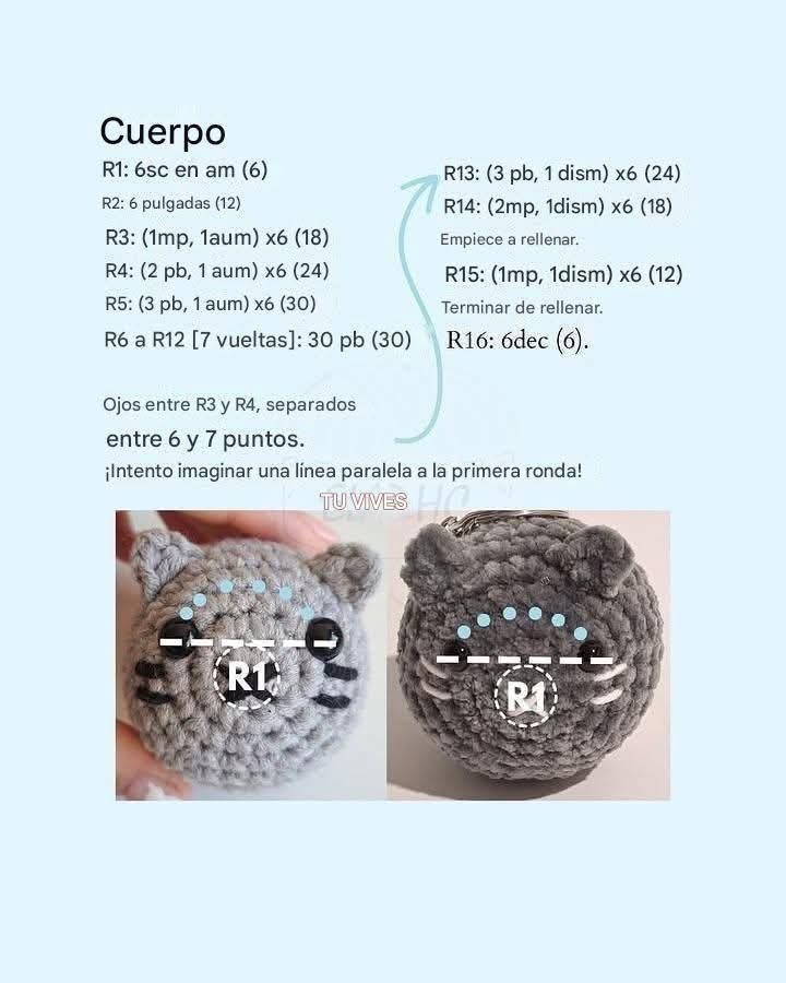 Patrón gratuito para tejer adorables mini gatos de peluche.