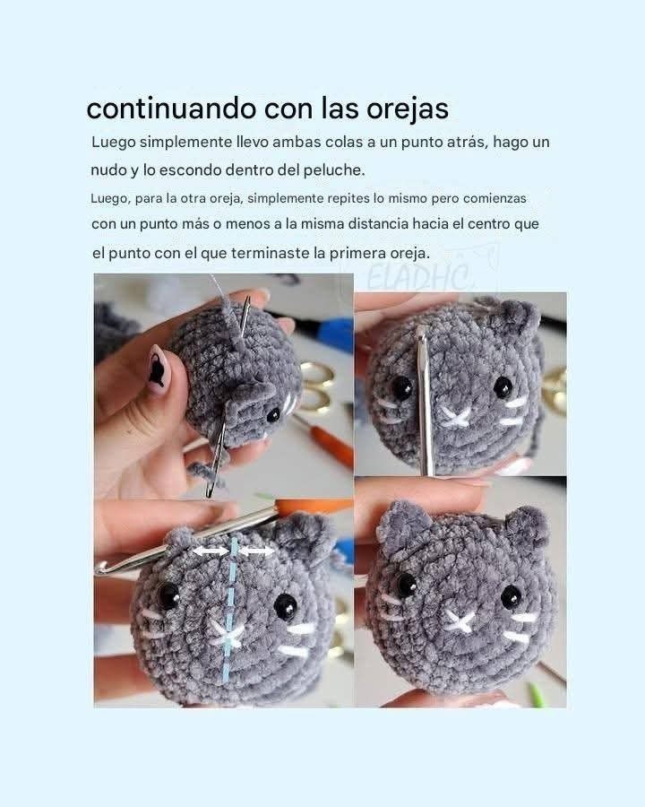 Patrón gratuito para tejer adorables mini gatos de peluche.