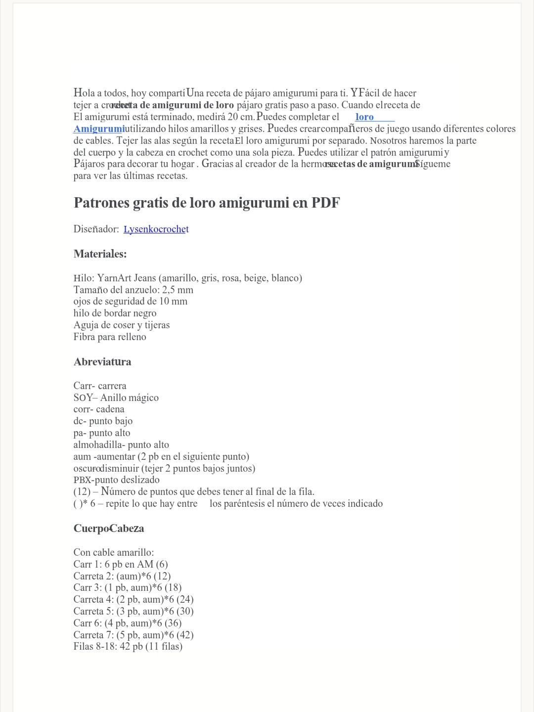 Patrón gratuito para tejer un loro amigurumi encantador en PDF