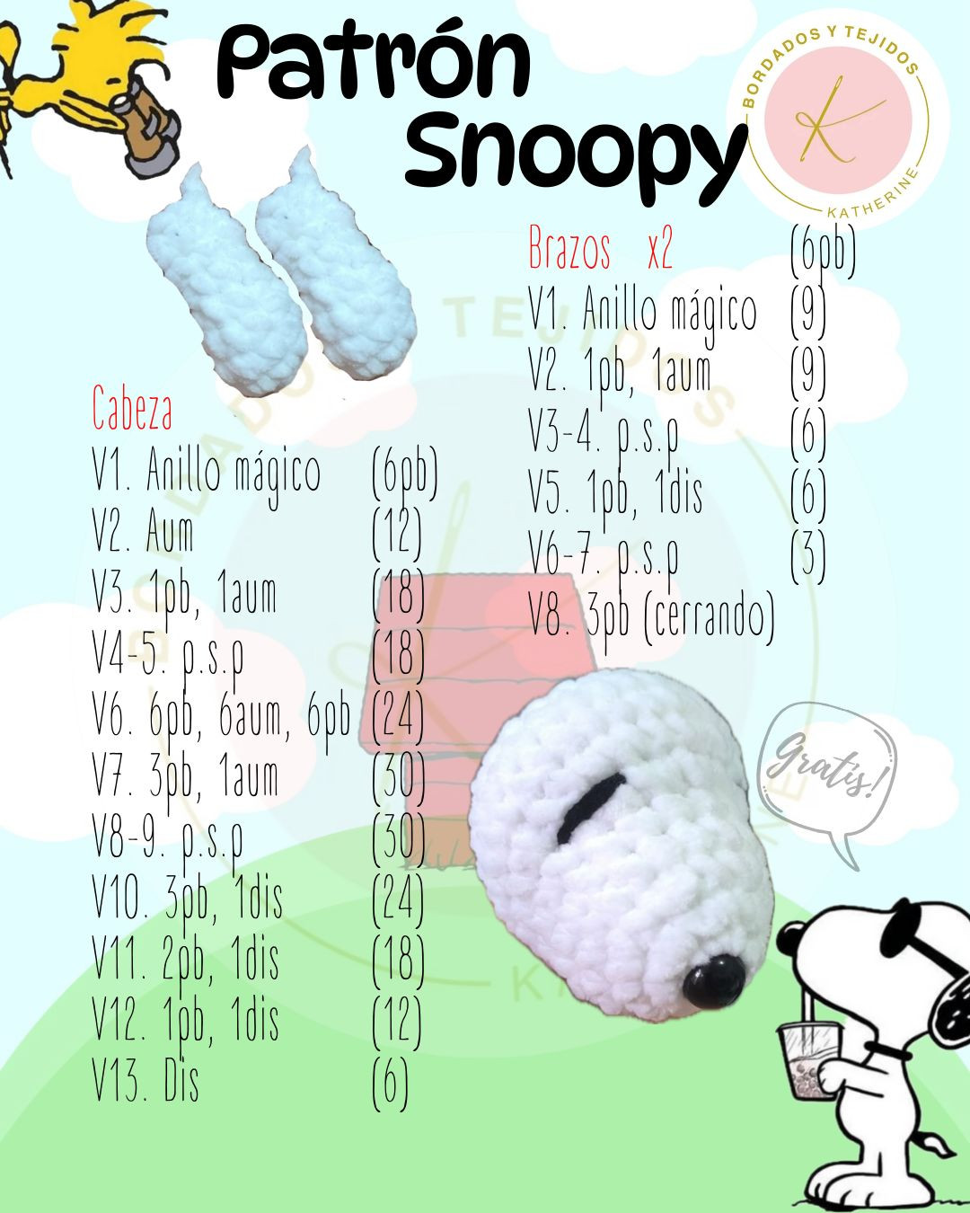 Patrón gratuito para tejer un muñeco de Snoopy a crochet.