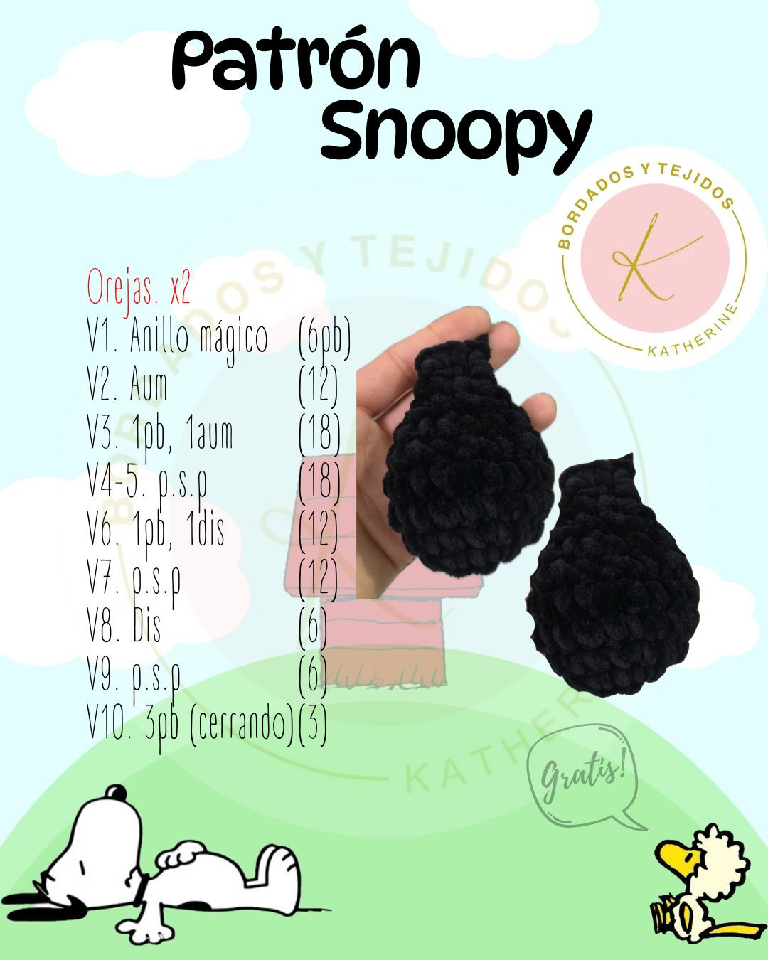 Patrón gratuito para tejer un muñeco de Snoopy a crochet.