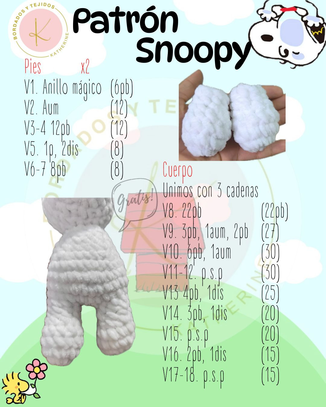 Patrón gratuito para tejer un muñeco de Snoopy a crochet.