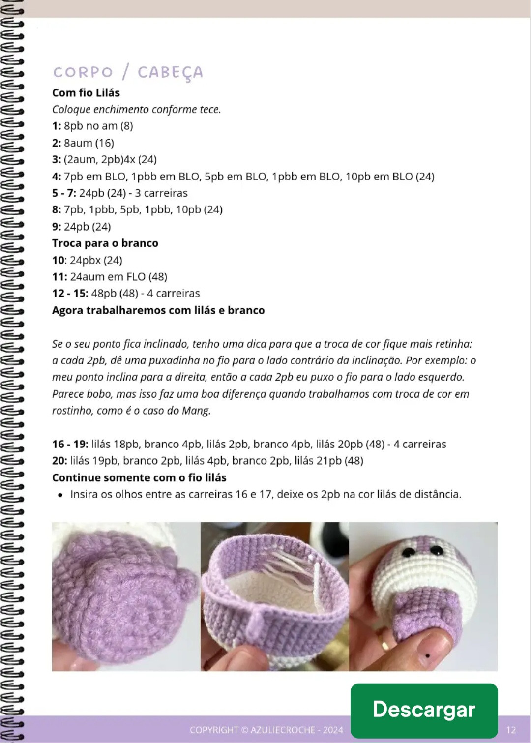 Pattern de Amigurumi de Coelhinho Roxo e Azul com Detalhes de Materiais