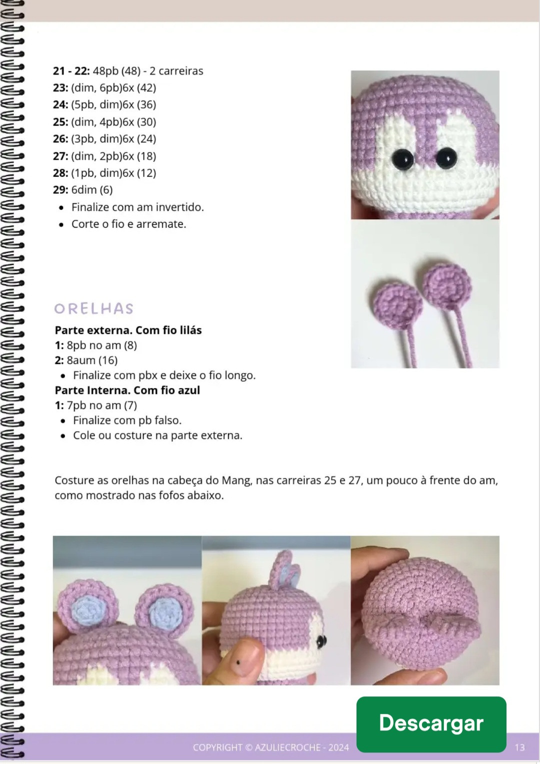 Pattern de Amigurumi de Coelhinho Roxo e Azul com Detalhes de Materiais