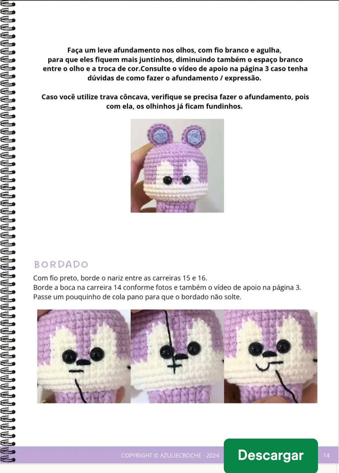 Pattern de Amigurumi de Coelhinho Roxo e Azul com Detalhes de Materiais