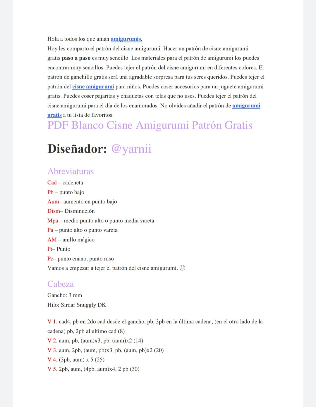 PDF Patrón Gratis para Tejer un Cisne Blanco Amigurumi