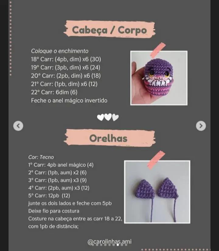 Receita de Amigurumi: Gato Risonho de Alice em Crochê