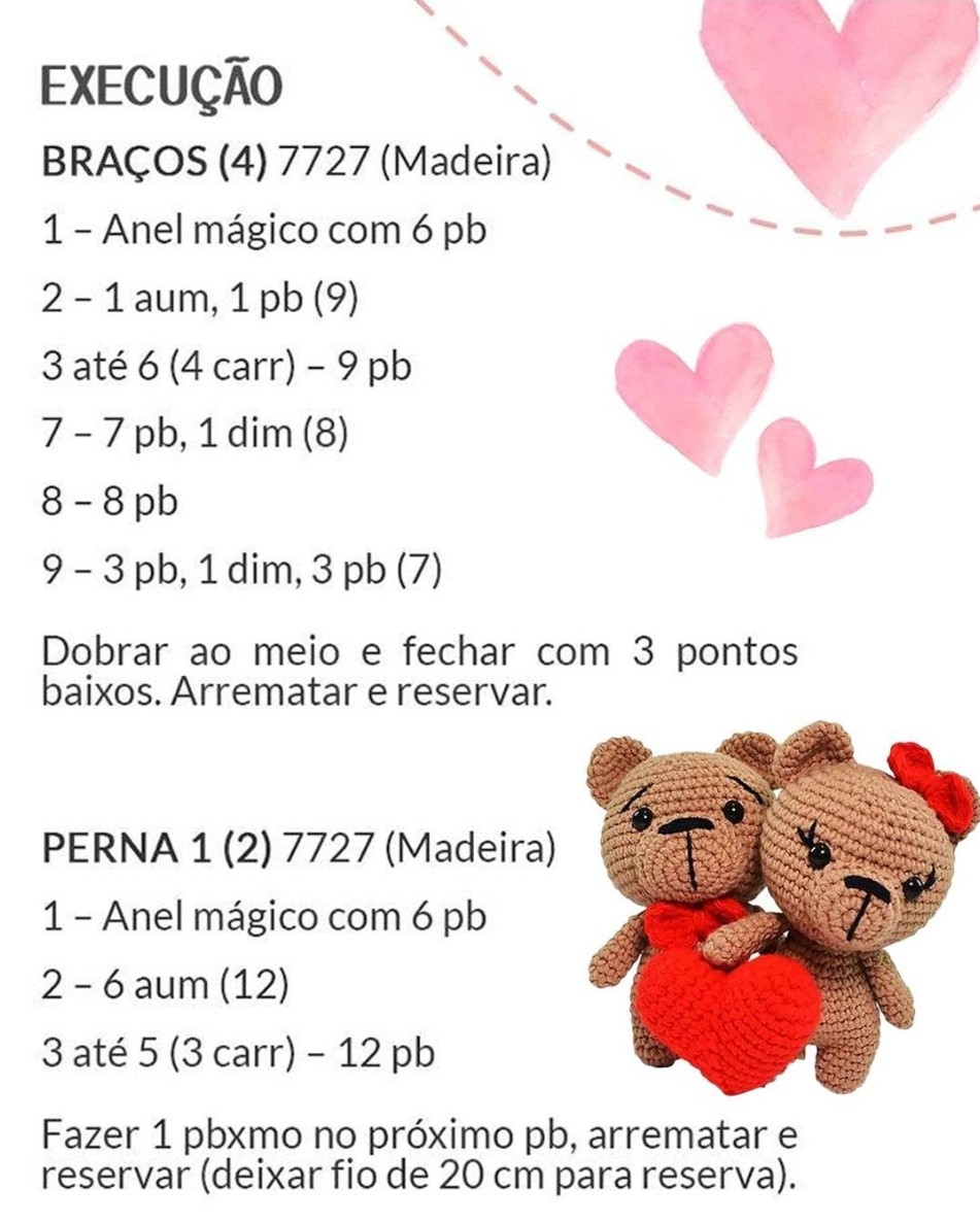 Receita Gratuita: Amigurumi Ursinhos Apaixonados com Coração Vermelho