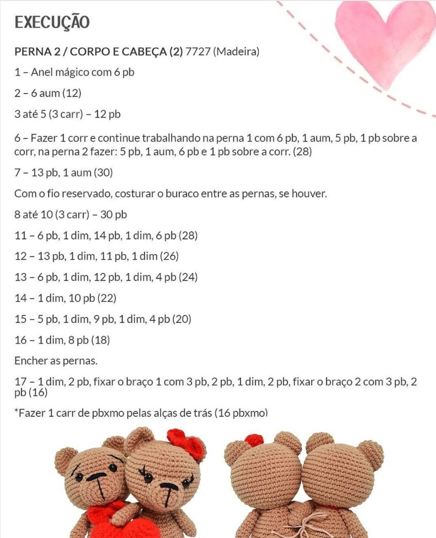 Receita Gratuita: Amigurumi Ursinhos Apaixonados com Coração Vermelho