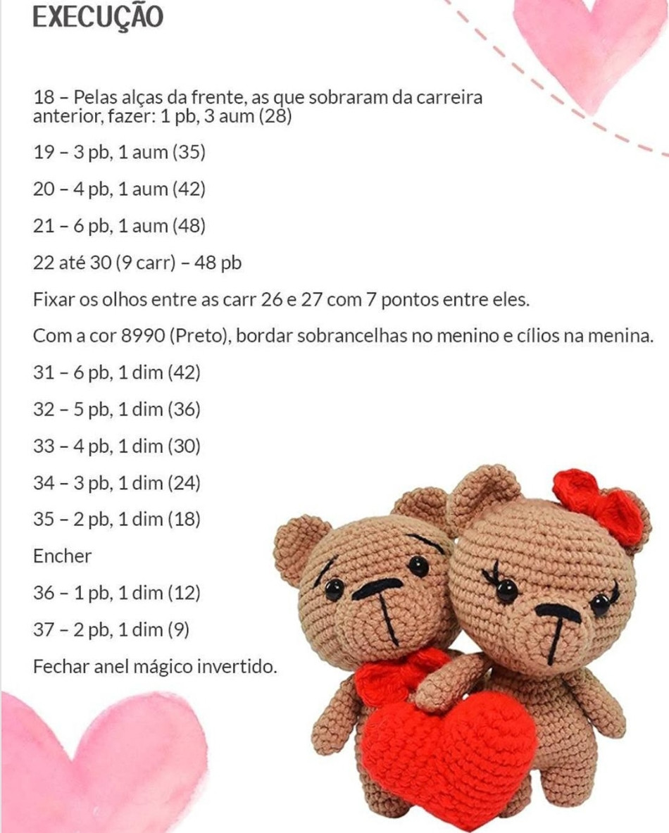 Receita Gratuita: Amigurumi Ursinhos Apaixonados com Coração Vermelho