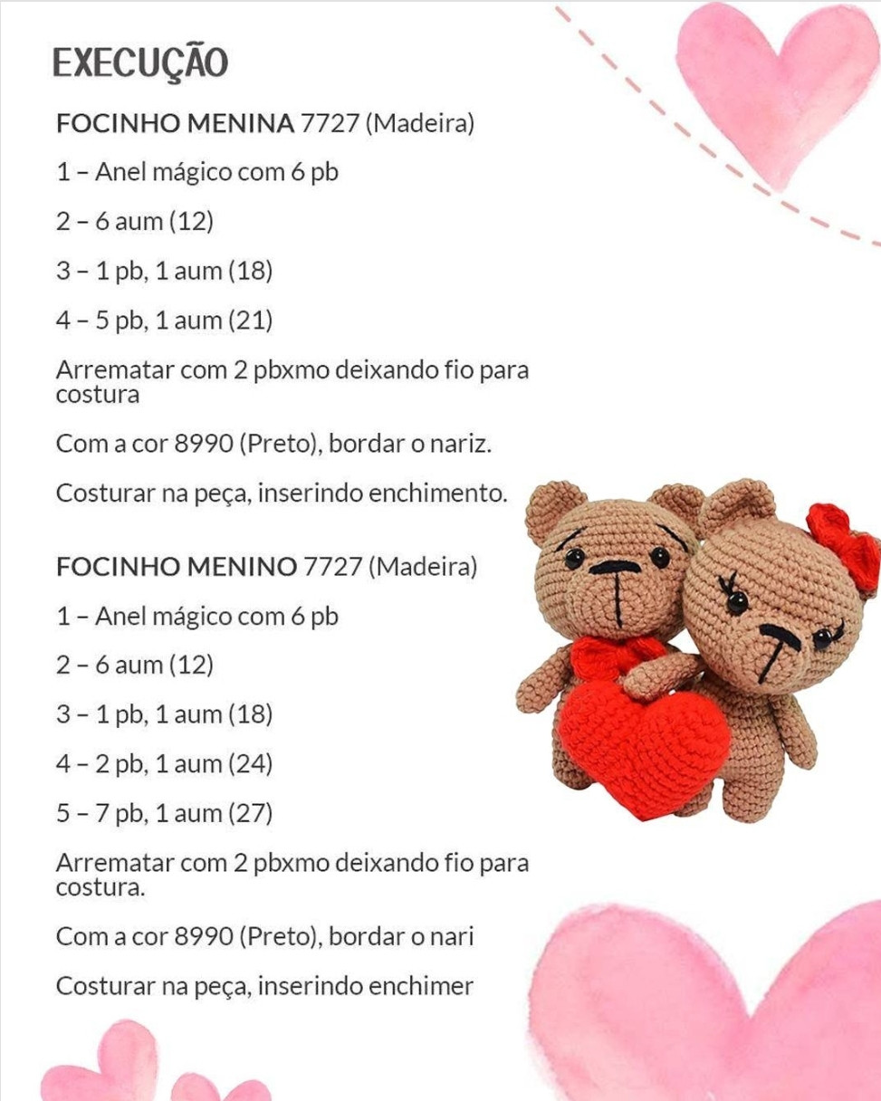 Receita Gratuita: Amigurumi Ursinhos Apaixonados com Coração Vermelho