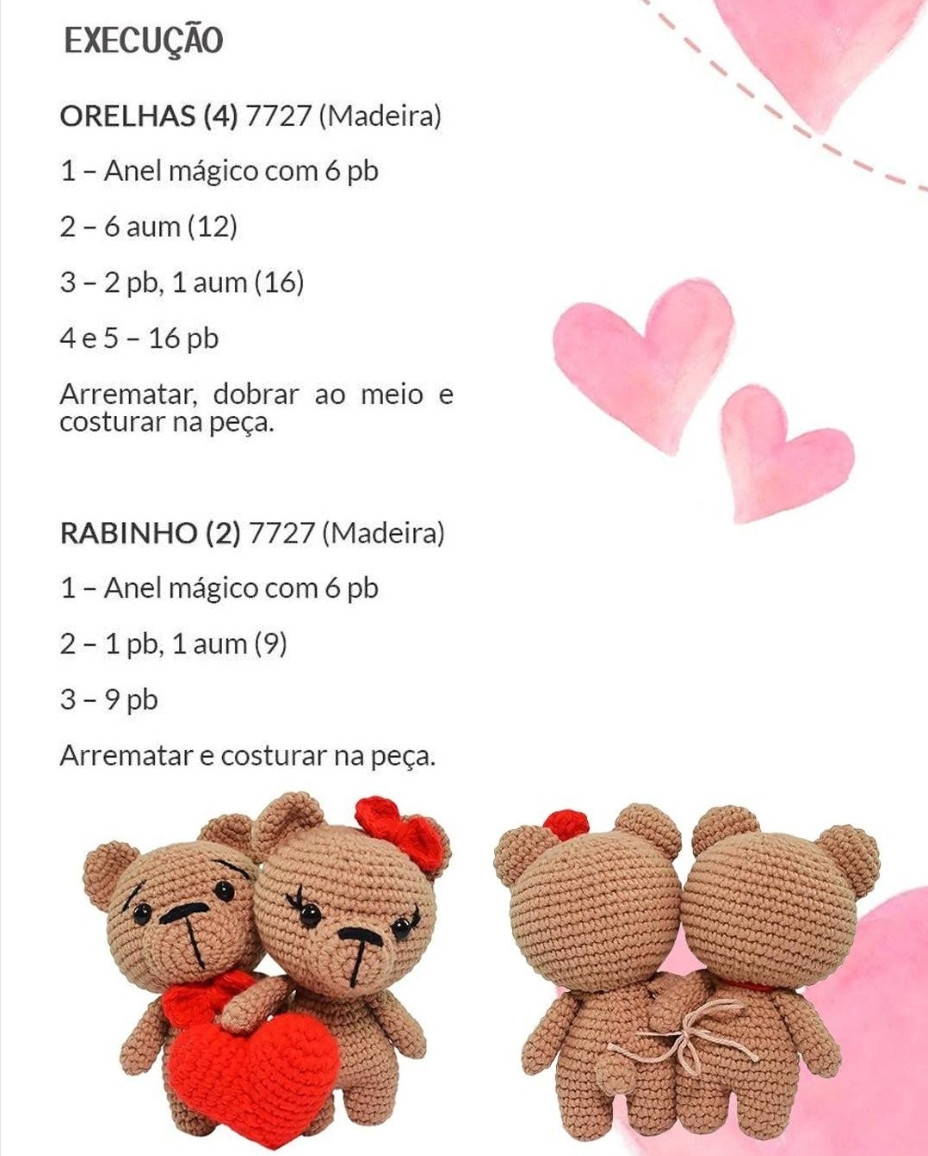 Receita Gratuita: Amigurumi Ursinhos Apaixonados com Coração Vermelho