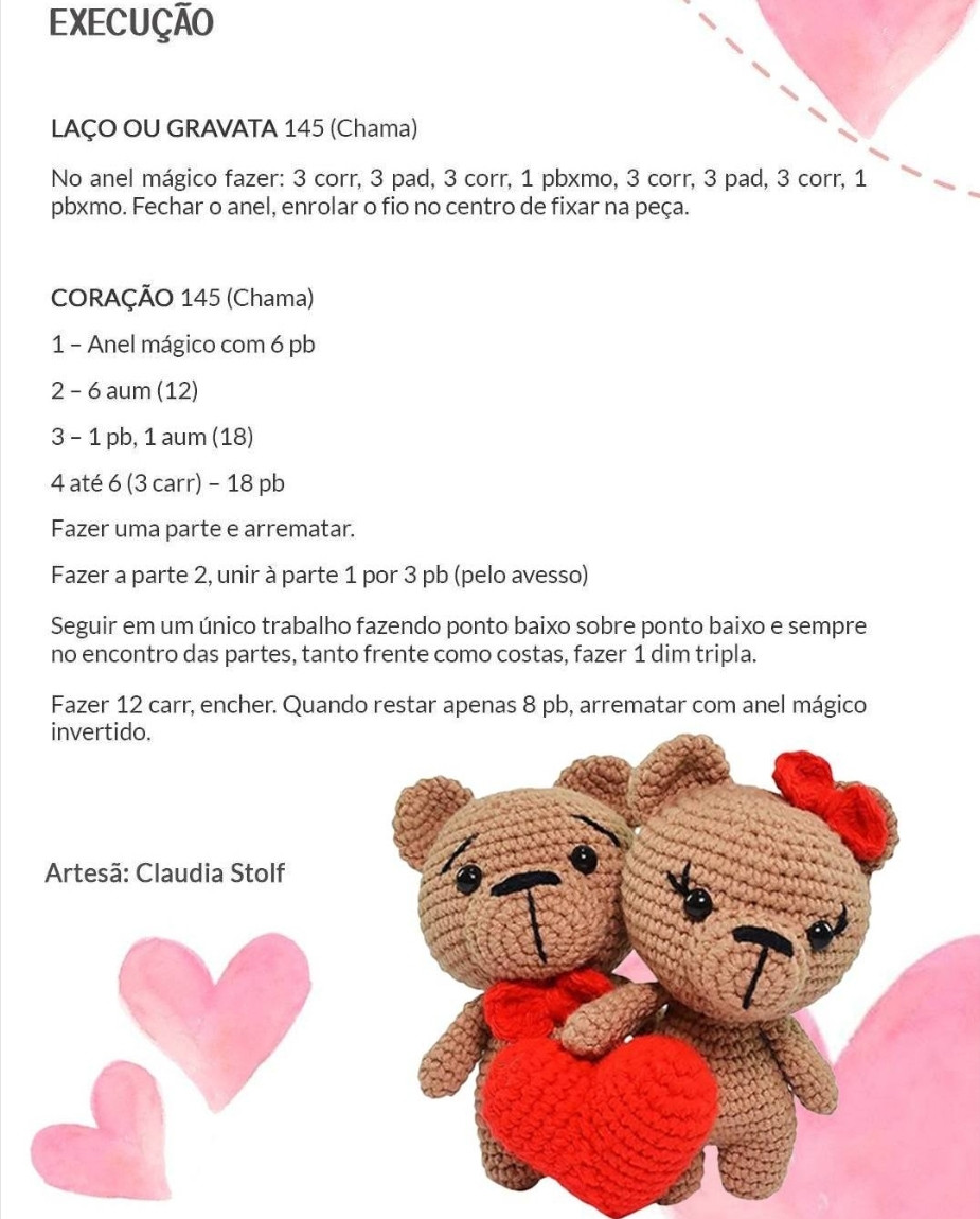 Receita Gratuita: Amigurumi Ursinhos Apaixonados com Coração Vermelho