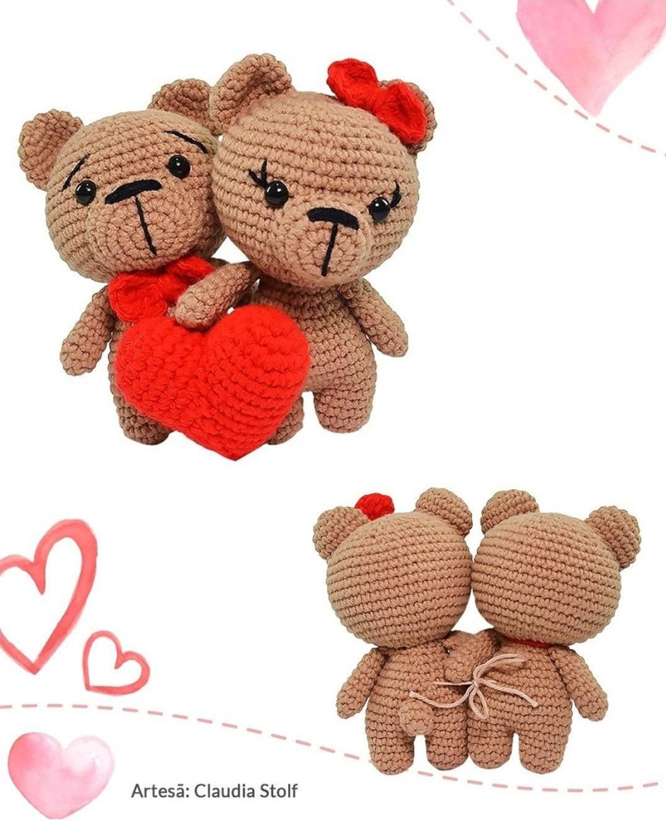 Receita Gratuita: Amigurumi Ursinhos Apaixonados com Coração Vermelho
