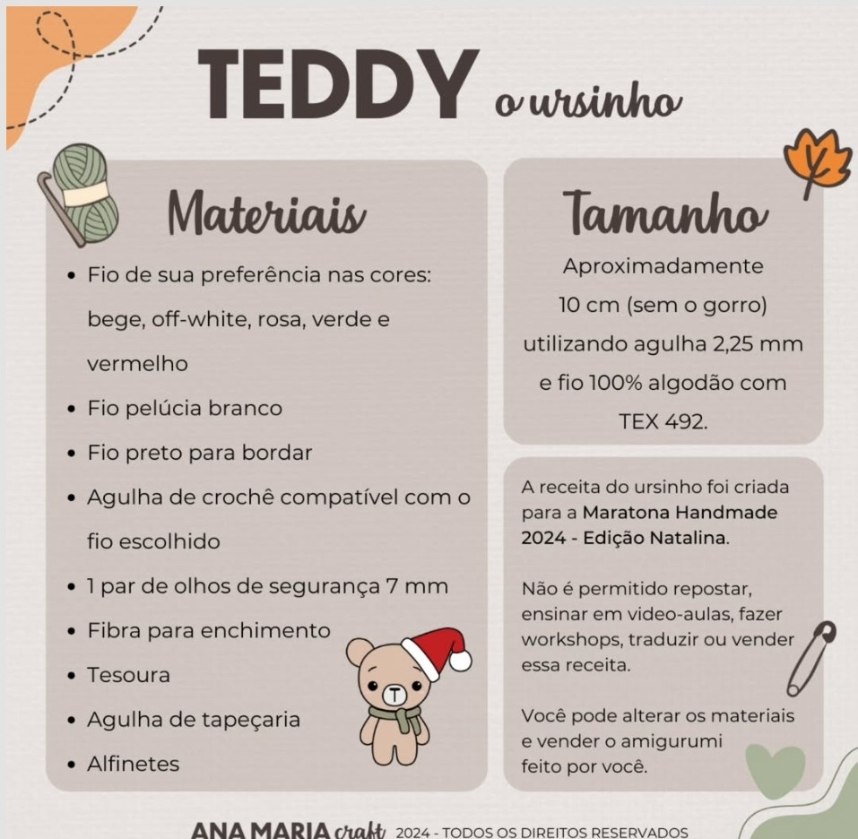 Teddy de Crochê com Chapéu de Natal - Receita Grátis