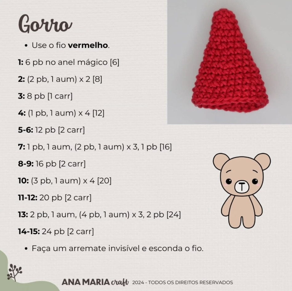 Teddy de Crochê com Chapéu de Natal - Receita Grátis