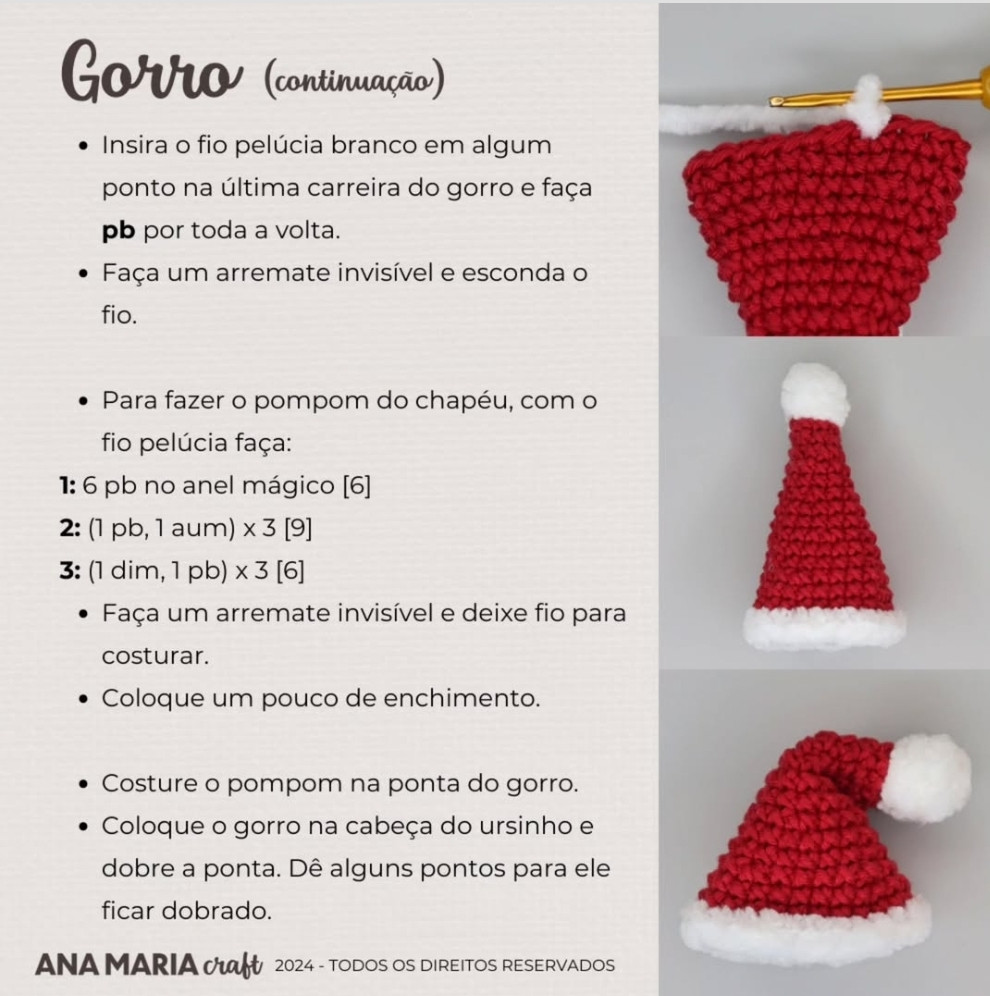Teddy de Crochê com Chapéu de Natal - Receita Grátis