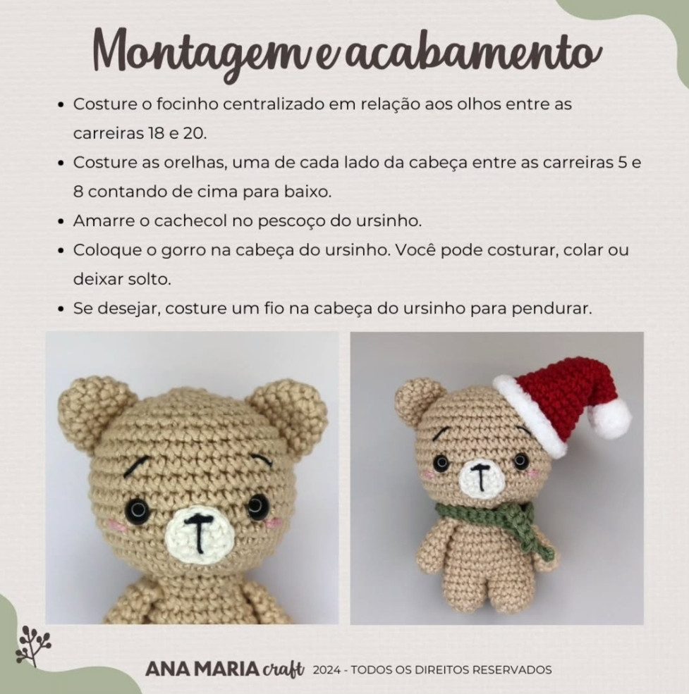 Teddy de Crochê com Chapéu de Natal - Receita Grátis