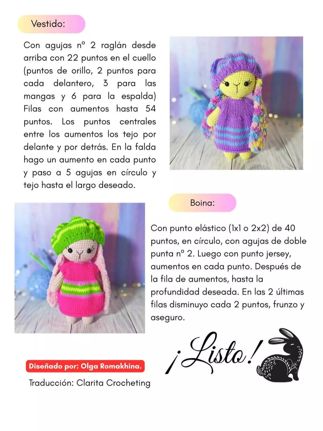 Una adorable liebre tejida con orejas esponjosas y vestimenta colorida