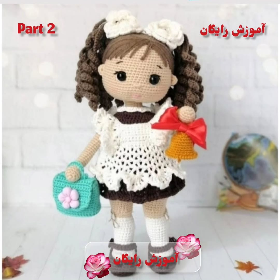 آموزش عروسک بافتنی با لباس trắng و phụ kiện
