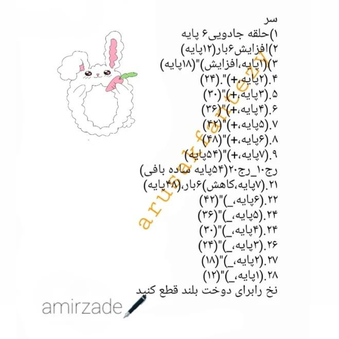 الگوی قلاب بافی عروسک خرگوش با لباس صورتی و پاپیون