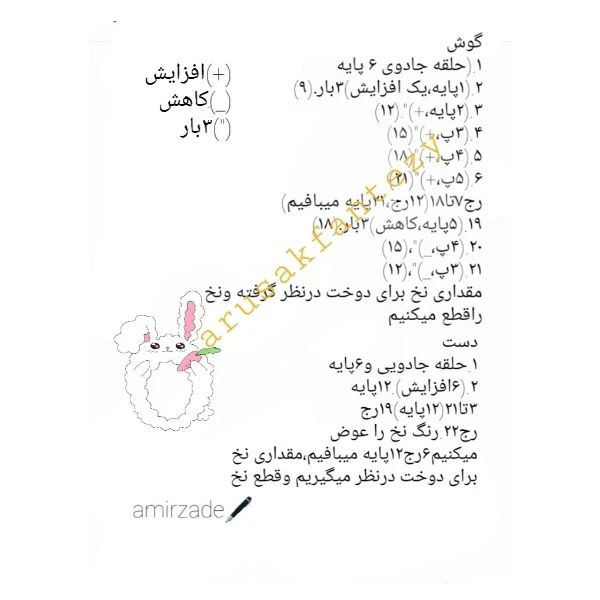 الگوی قلاب بافی عروسک خرگوش با لباس صورتی و پاپیون