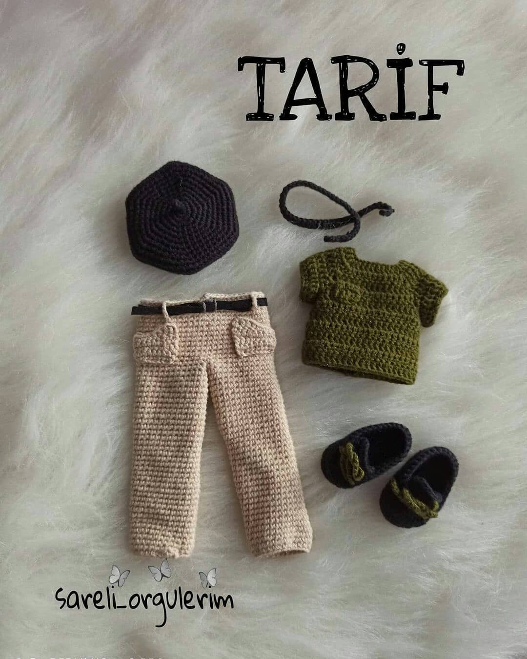 Çocuklar için Şapka, Kazak, Pantolon ve Ayakkabı Örgü Tarifi