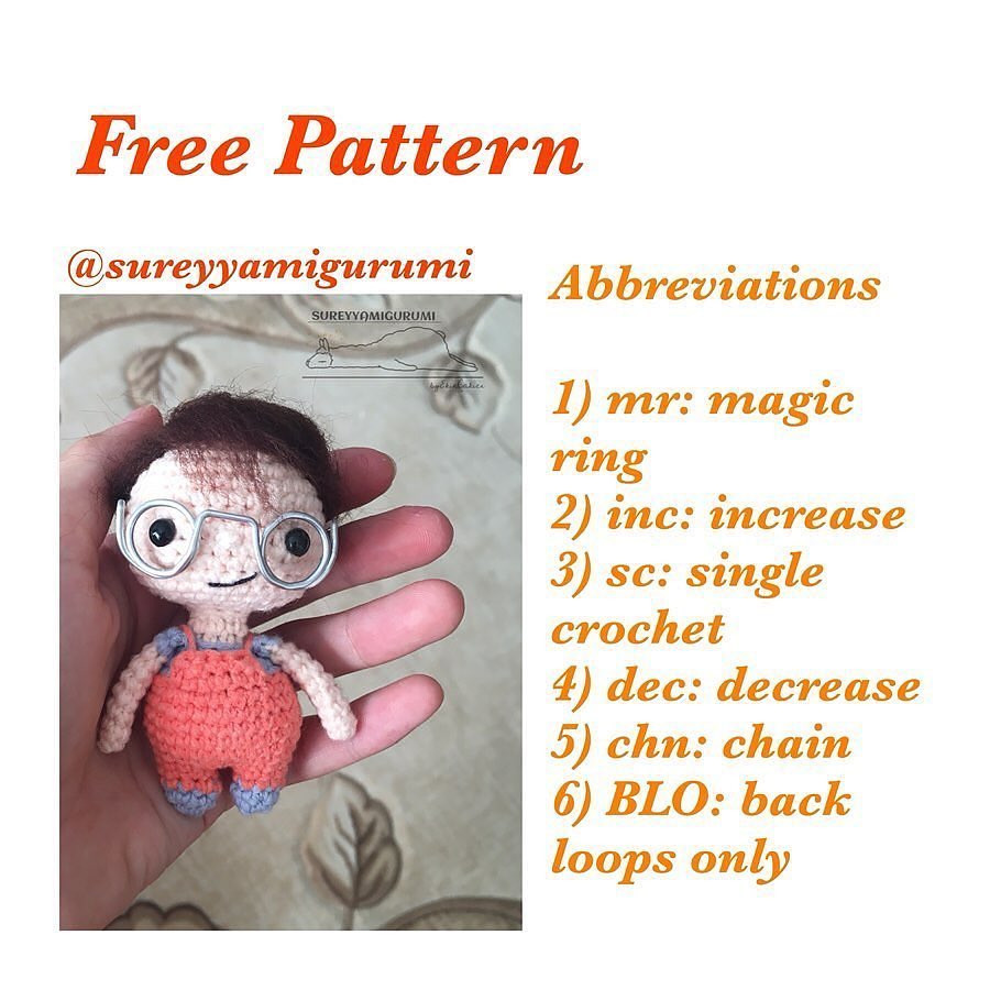 Crochet Pattern for Cute Doll with Glasses and Overalls
