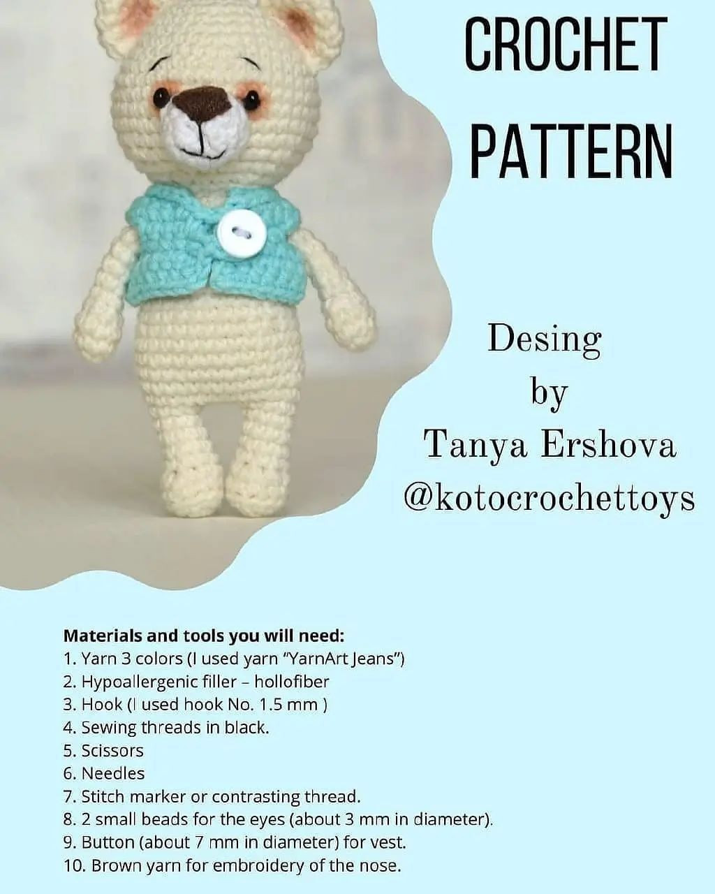 Cute Crochet Bear Pattern with Blue Vest - Free Amigurumi Tutorial