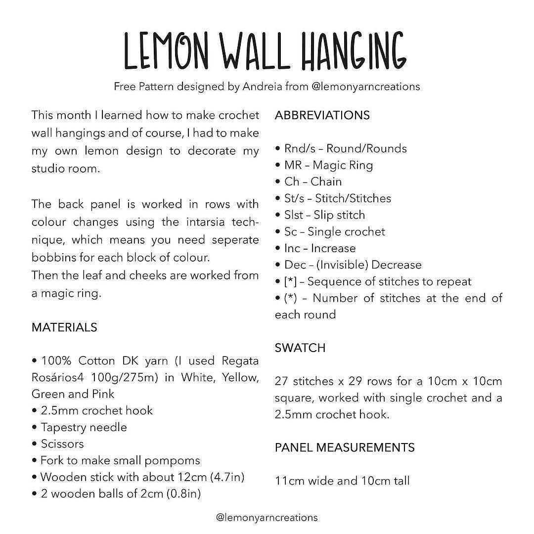 Cute Lemon Crochet Pattern Wall Hanging with Pom Poms