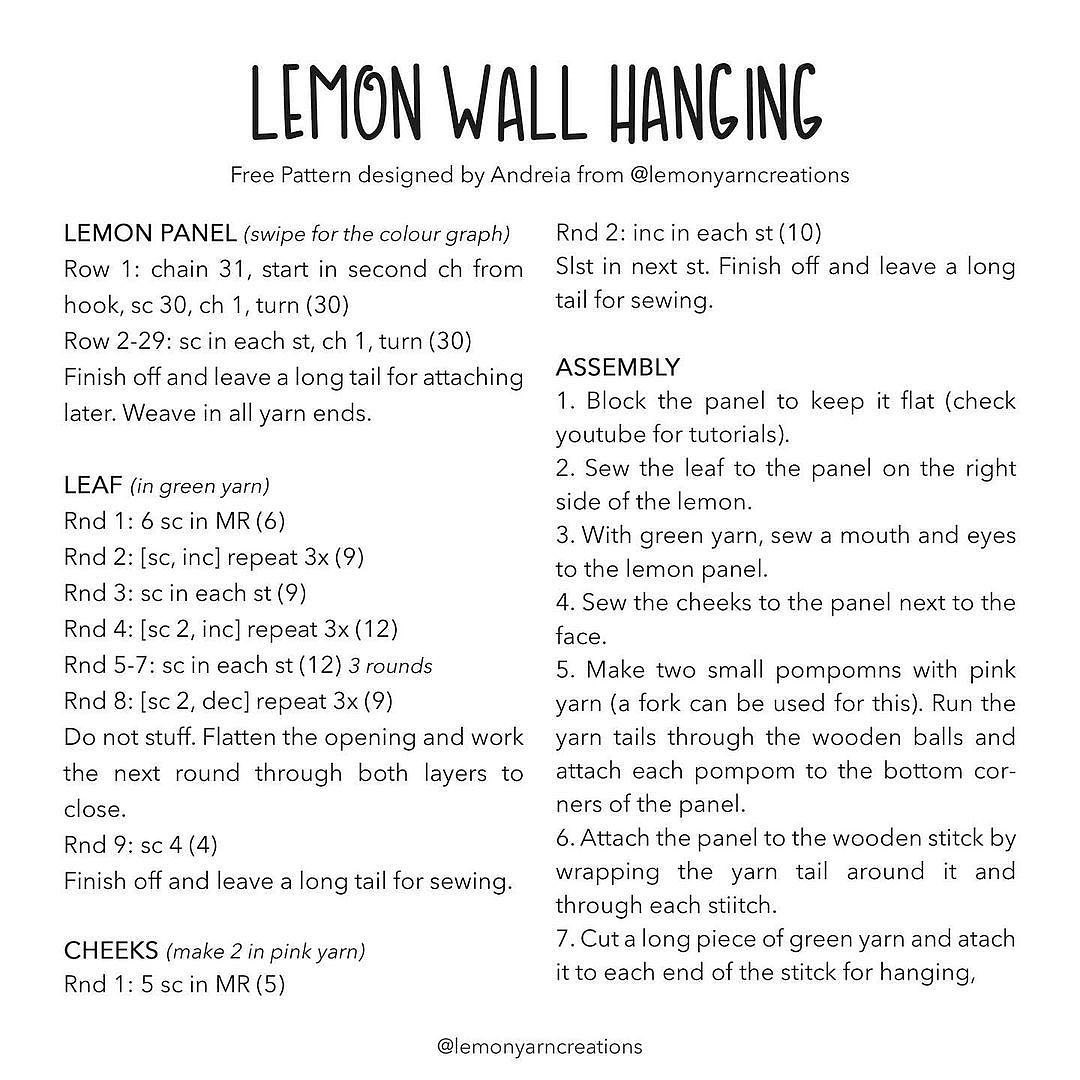 Cute Lemon Crochet Pattern Wall Hanging with Pom Poms