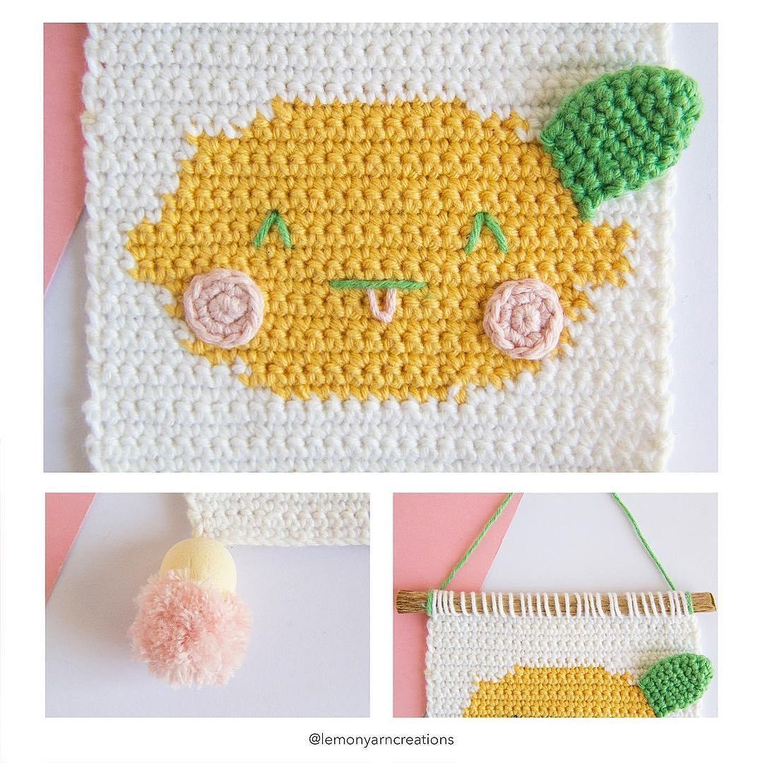 Cute Lemon Crochet Pattern Wall Hanging with Pom Poms