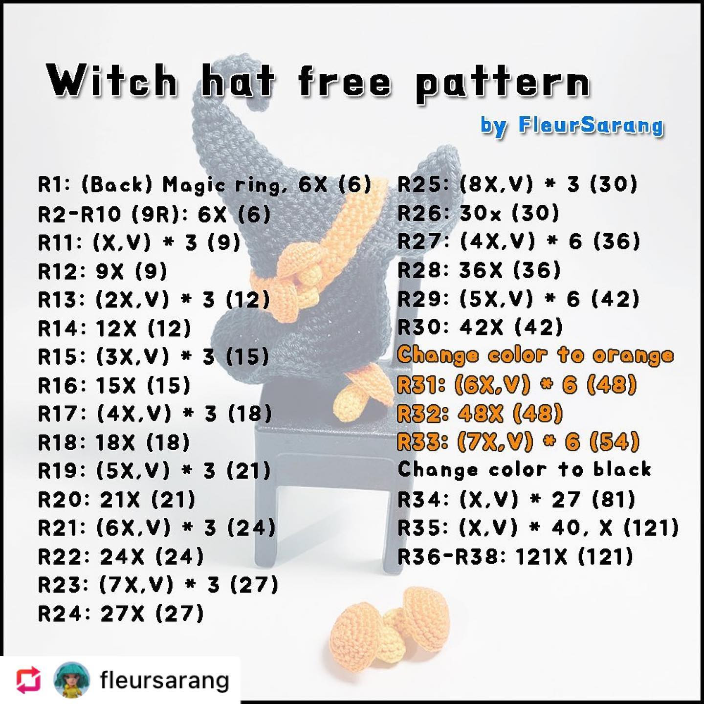 Free Crochet Pattern for a Witch Hat with Orange Accents
