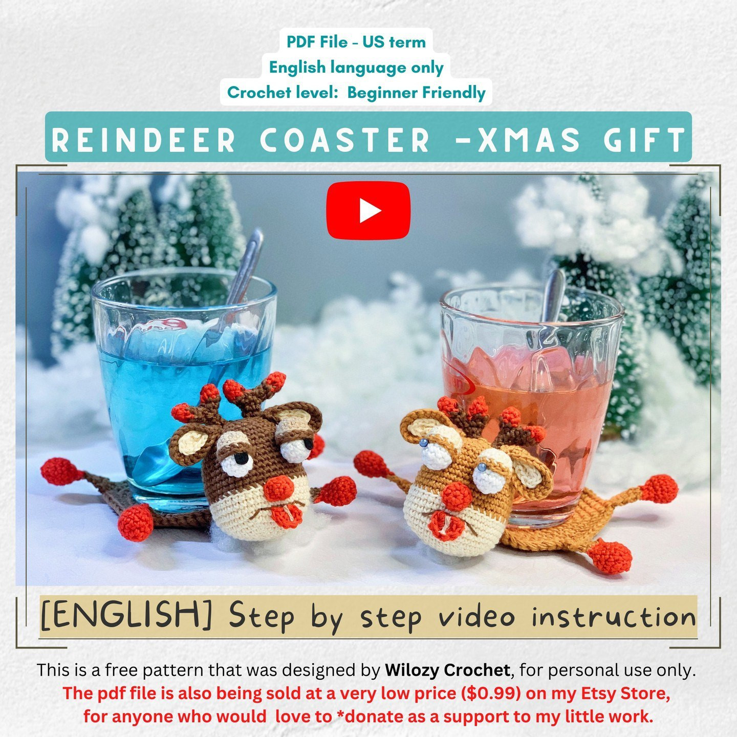 Free Crochet Pattern for Cute Reindeer Coasters