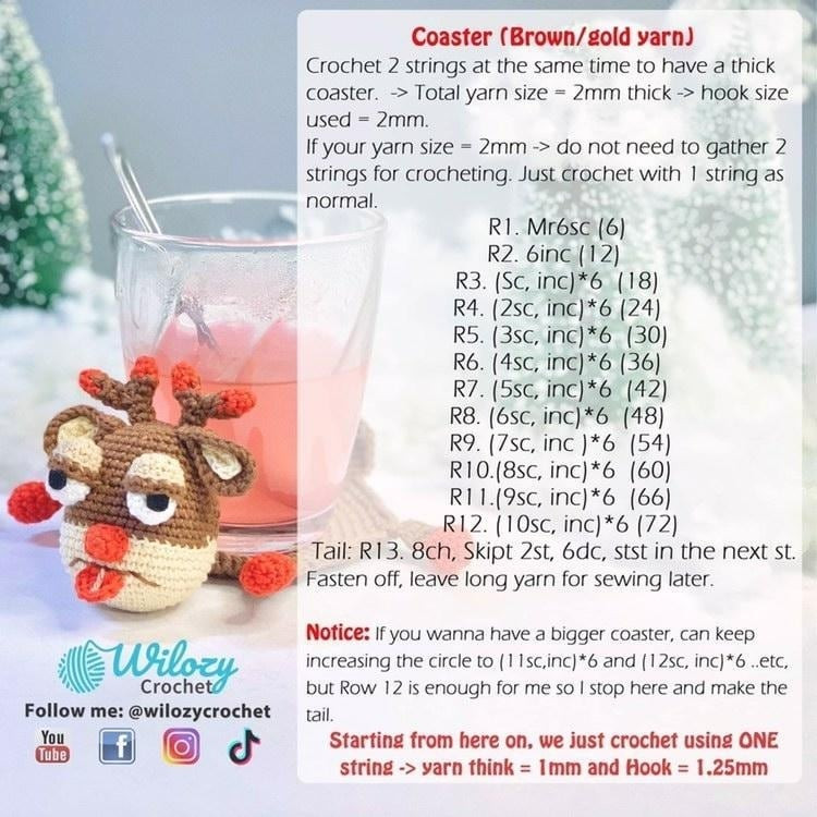 Free Crochet Pattern for Cute Reindeer Coasters