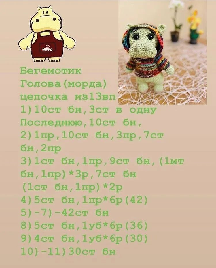 Изучите схему вязания милого бегемотика в разноцветном свитере