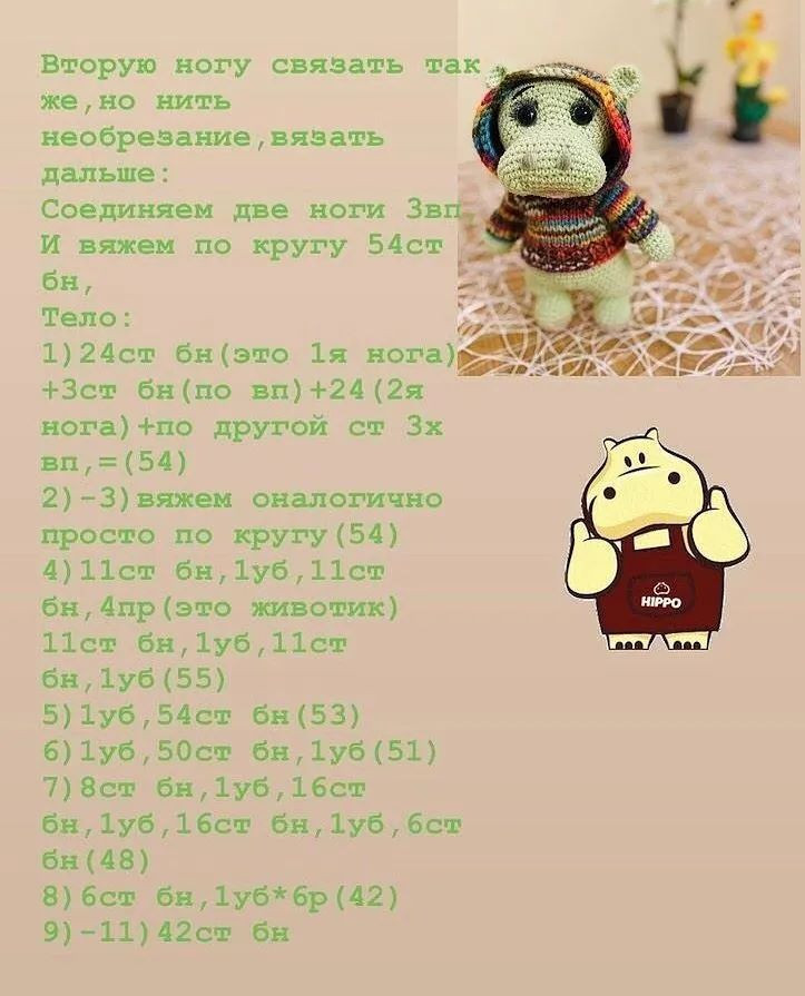 Изучите схему вязания милого бегемотика в разноцветном свитере