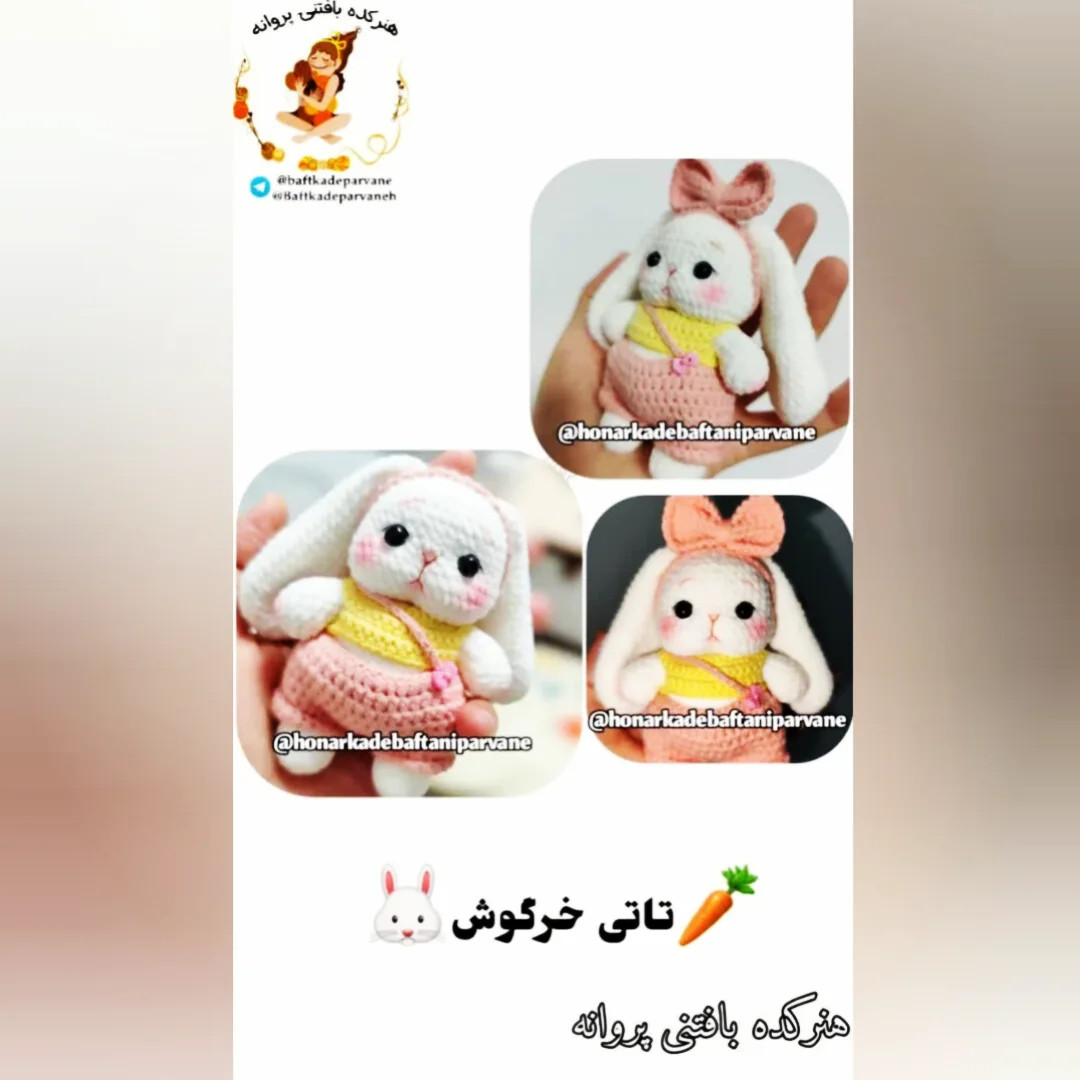 خرگوش قلاب‌بافی زیبا با لباس رنگارنگ
